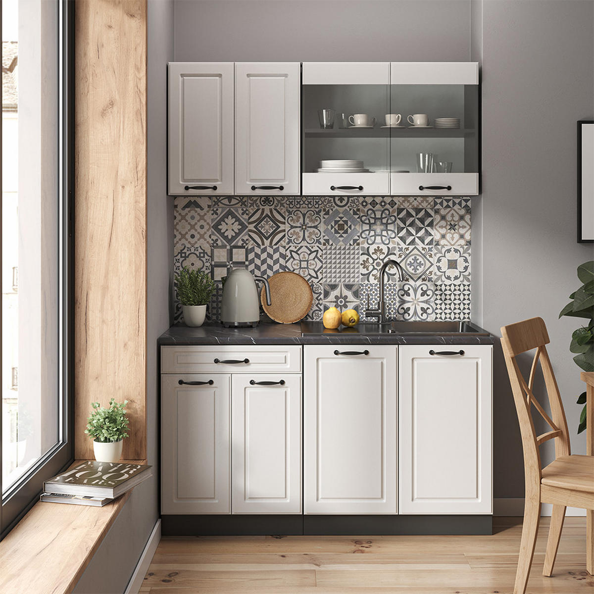 KÜCHENZEILE R-Line Weiß Landhaus/Anthrazit 140 cm, AP Eiche - Anthrazit/Weiß, Holzwerkstoff (140/81.6/60cm) - Vicco