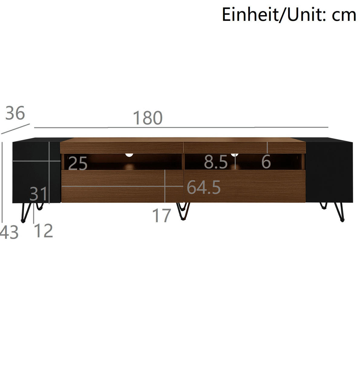 LOWBOARD 180/36/43 cm aus MDF und Spanplatte mit 2 Türen und offenen Fächern Schwarz (Holzoptik) - Schwarz, Holzwerkstoff (180/43/36cm) - Modenvie