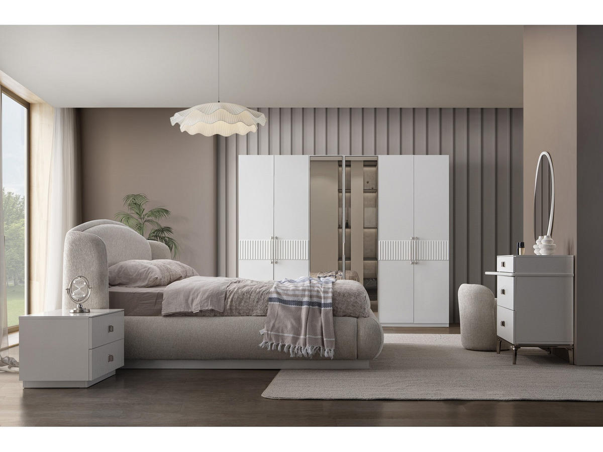 BETTANLAGE BRONZ Schlafzimmer-Set, 5-teilig, Beige, Bett mit Kopfteil, 2 Nachttische, Kleiderschrank und Kommode - Beige, Leder/Holzwerkstoff (160/200cm) - Villa Möbel