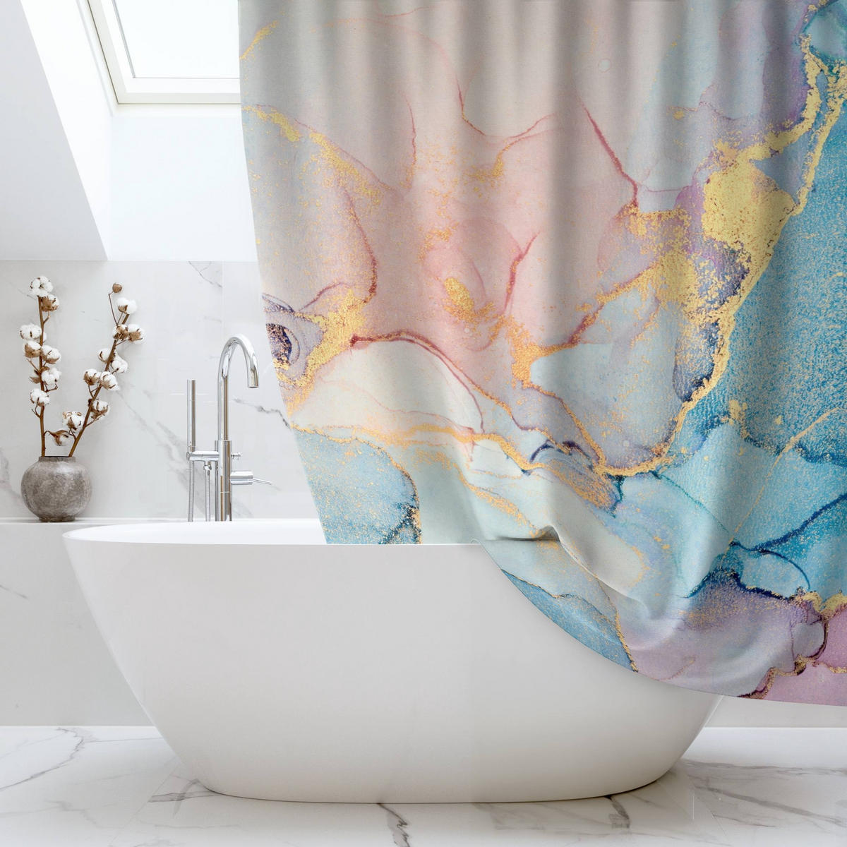 DUSCHVORHANG Aquarell Pastell Bunt mit Gold 180/180 cm - Pastellblau, Textil (180/180cm) - Bilderwelten