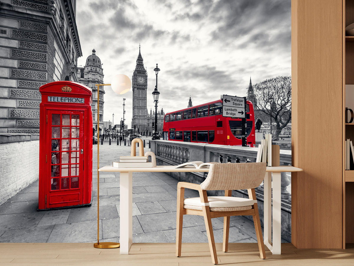 FOTOTAPETE für Wohnzimmer Rote Telefonzelle London Monument BIG BEN Bus 250x175 - Rot/Weiß, Papier (250/175cm) - Muralo
