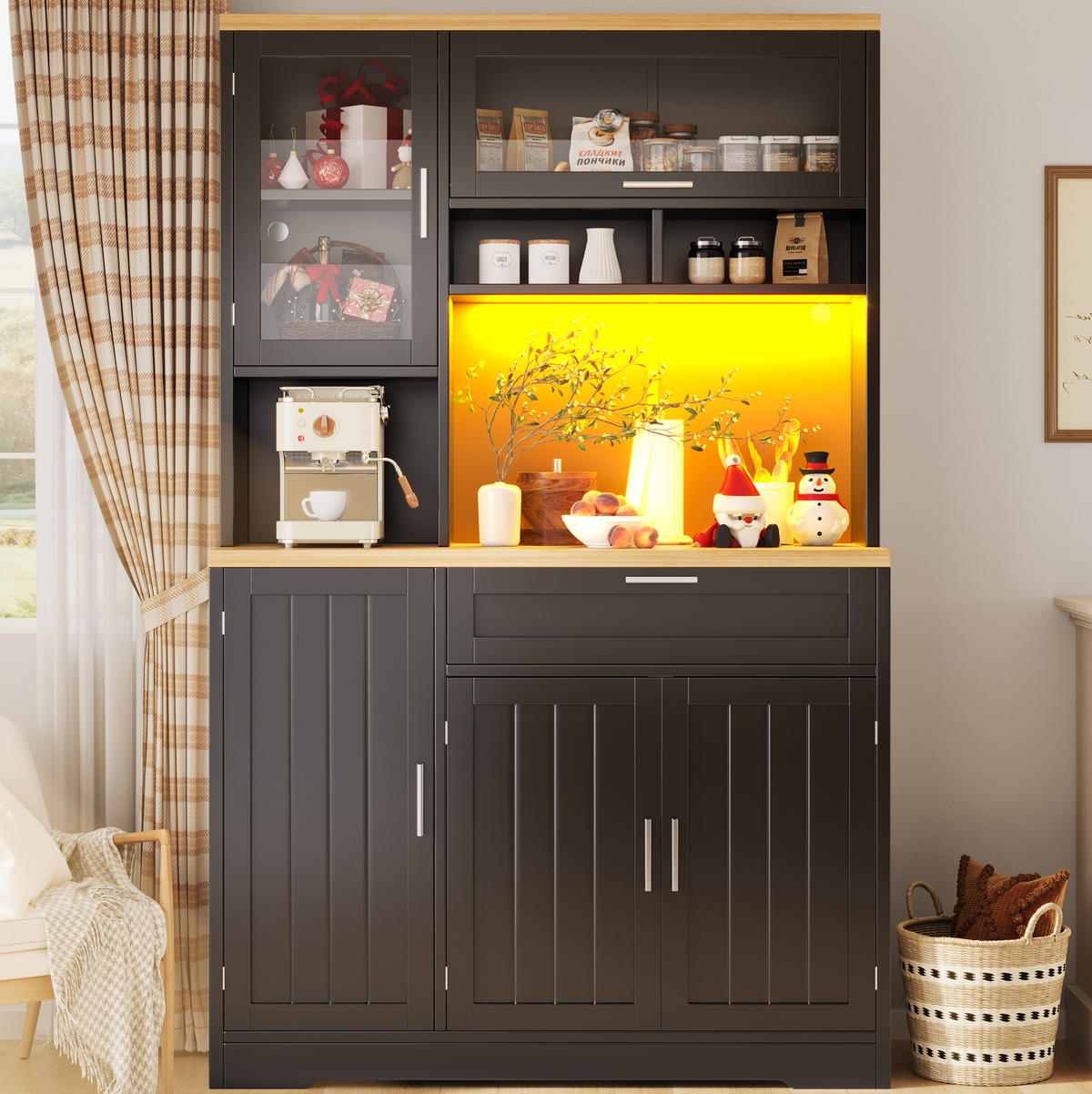 BUFFET 104/40/180 cm in Schwarz mit LED-Beleuchtung und Glastüren - Schwarz, Holzwerkstoff (104/180/40cm) - Flora Grace