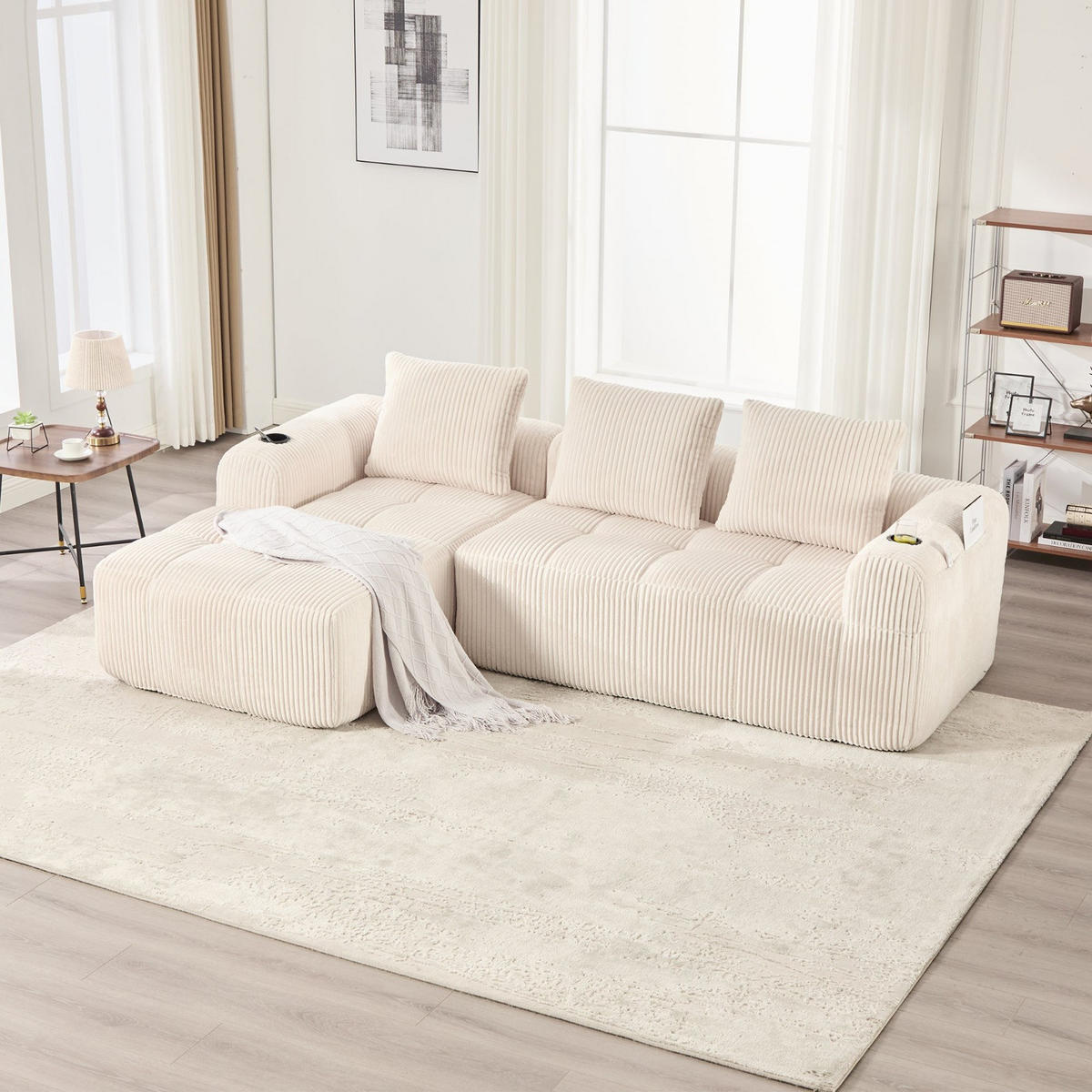 ECKSOFA mit Seitentasche und Getränkehalter, inkl. Kissen, Beige - Beige, Textil (253/61/158cm) - Kaket