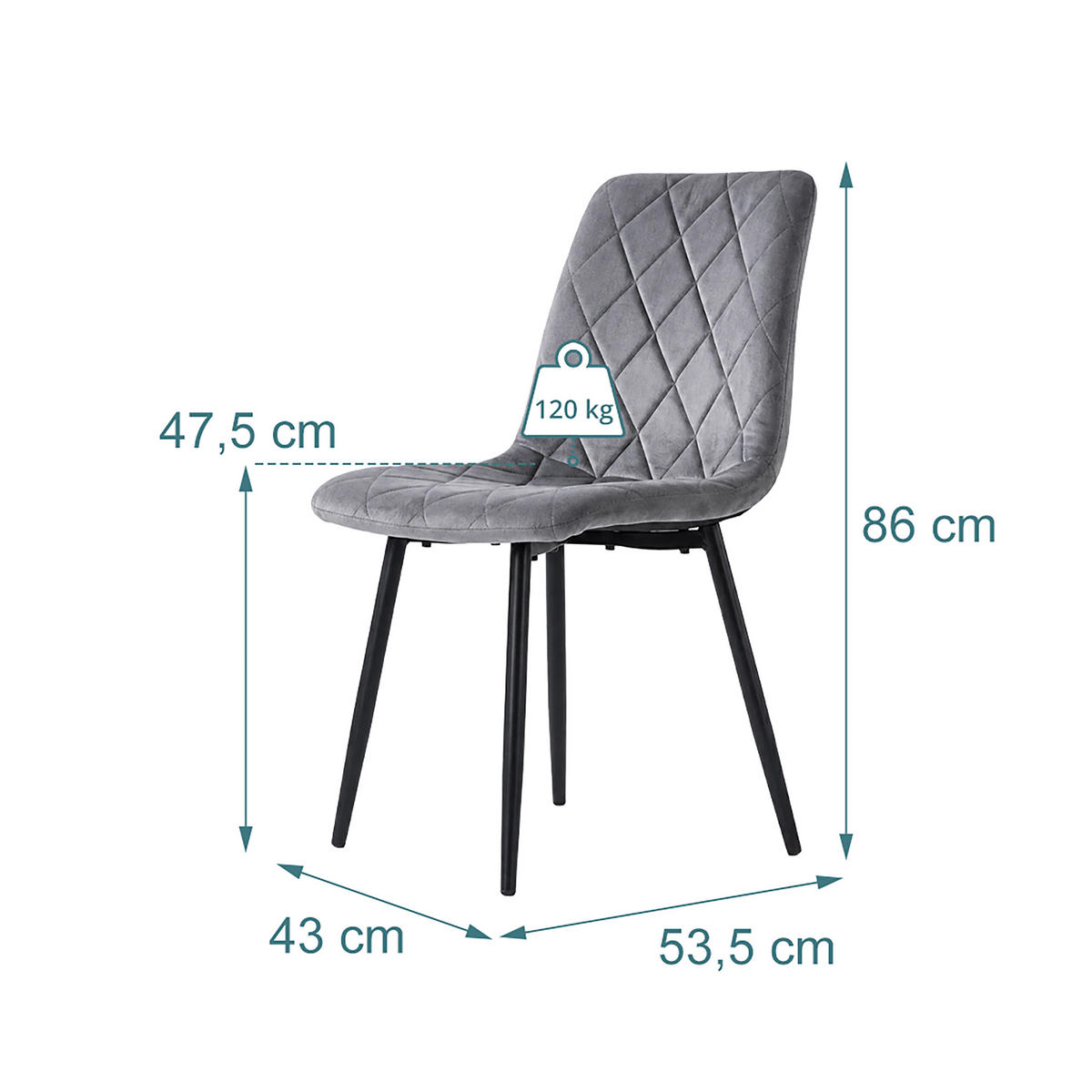 STOL Grå 4-pack sammet metallben - Grå, Trä/Textil (43/86/53.5cm) - Relaxdays