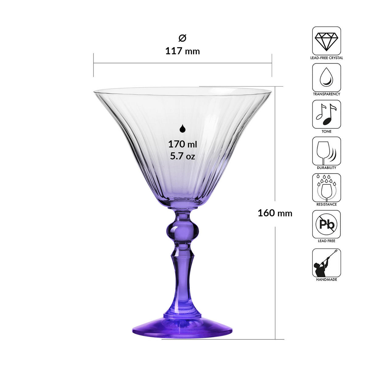 COCKTAILGLÄSER BUBBLE CELEBRATION MOMENTS MIT VIOLETTEM STIEL, 2ER-SET, 170 ML - Transparent/Violett, Glas (0.17L) - Krosno Glass