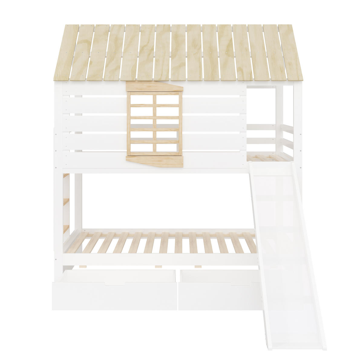 ETAGENBETT 90/200 cm weiß aus Kiefer und MDF mit Rutsche und 2 Schubladen - Weiß, Holzwerkstoff (90/200cm) - OKWISH