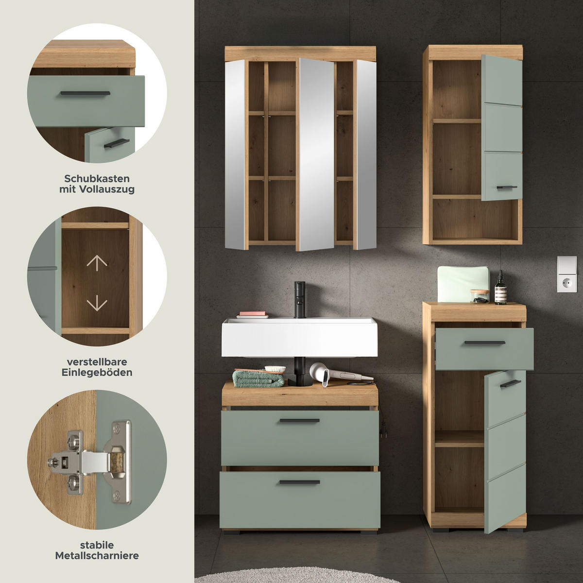 BADKOMBINATION 4tlg. Scout Bad in Artisan Eiche Nachbildung und Salbei Nachbildung B/H/T: 112x191x34 cm - Eiche Artisan, Holz (112/191/37cm)