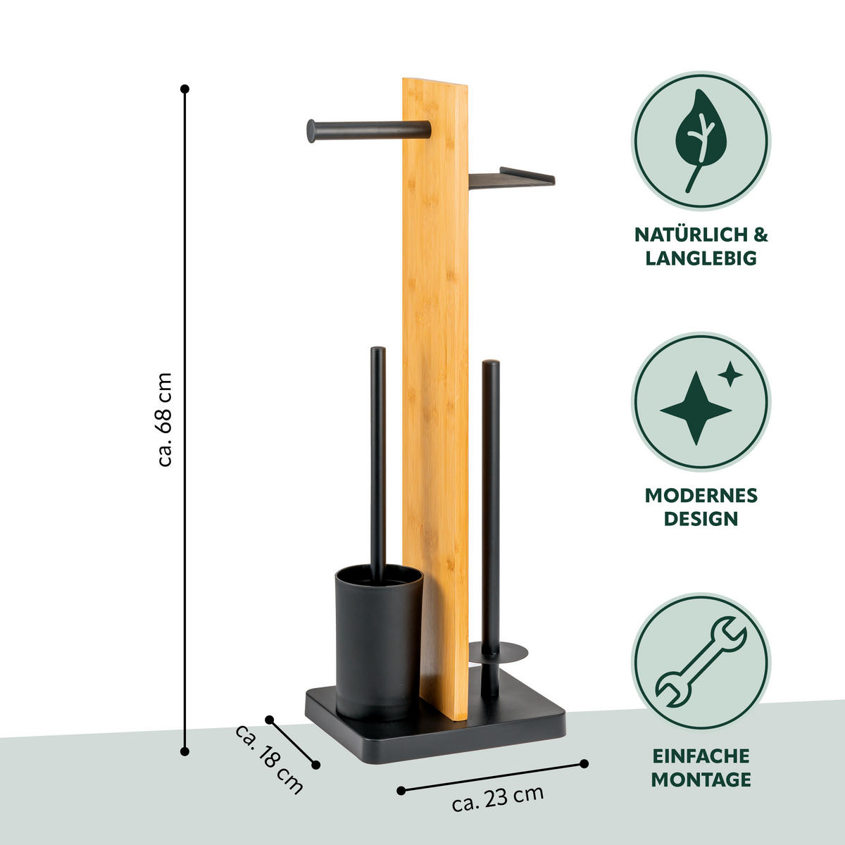 WC-BÜRSTENKOMBINATION 4in1, Bambus/Metall, schwarz - Schwarz, Holz (23/68/18cm) - eluno