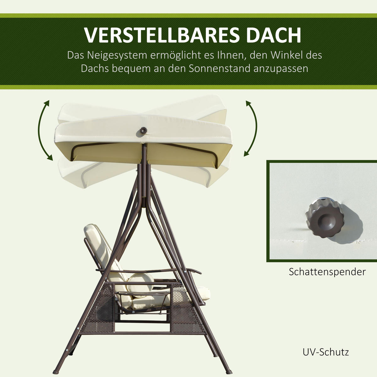 GARTENSCHAUKEL 2-Sitzer mit Sonnendach Kissen Tablett Metall Kunststoff Beige - Beige, Kunststoff/Metall (220/173/162cm) - Outsunny