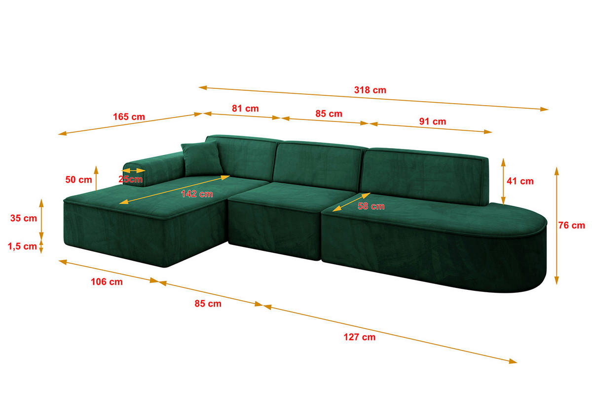 ECKSOFA Ottomane Links IREA-L2-v3 - 318x165x76 cm Grün - Grün, Holzwerkstoff/Textil (318/165cm) - ALTDECOR