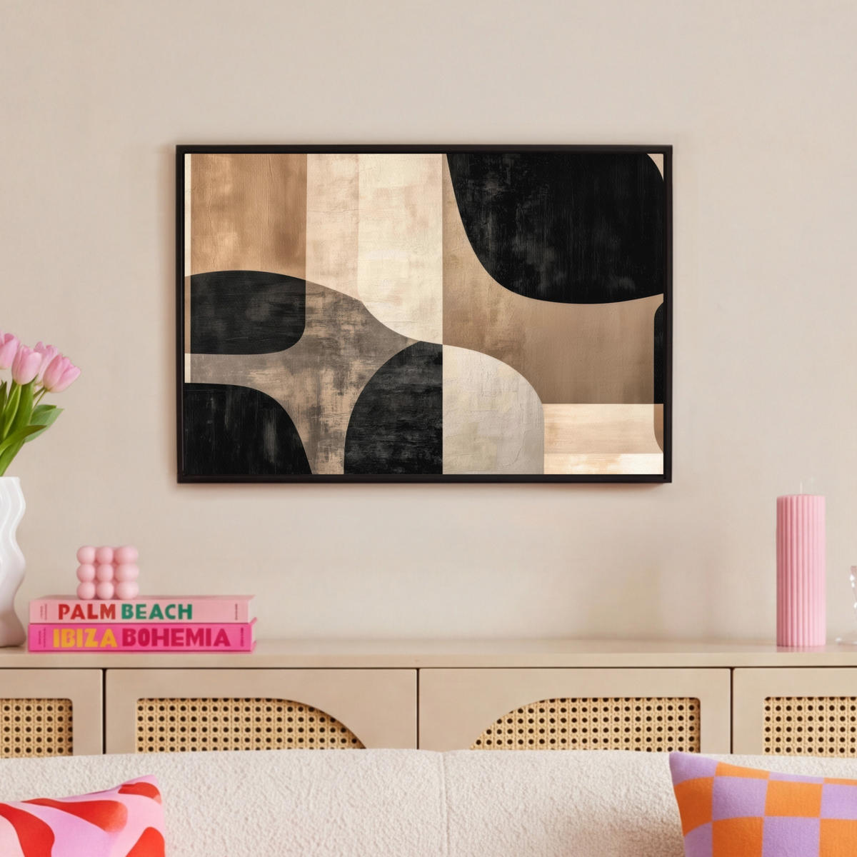 LEINWAND Bilder mit Rahmen - Abstrakt - Flugzeuge - Schwarz - Rund - 60x40 - Beige, Textil (60/40cm) - MuchoWow