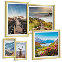 BILDER SET 5er Set - 50x50 cm & 20x30 cm & 40x60 cm Goldrahmen - Berglandschaft, See, Hirsche - Goldfarben, Kunststoff (40/60cm) - TULUP
