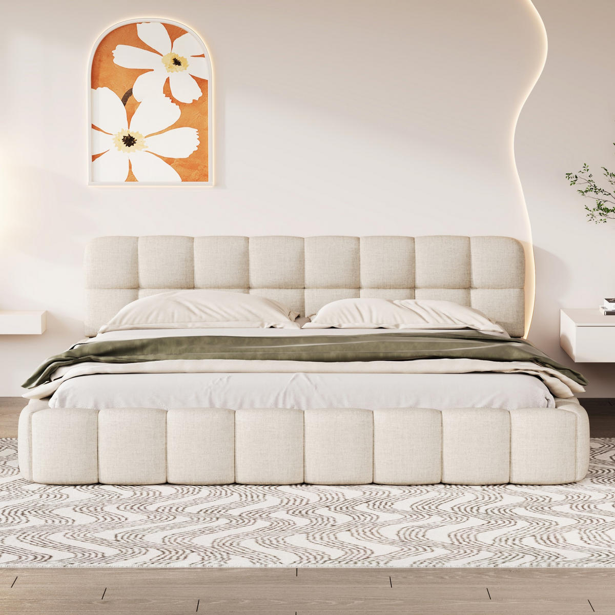 POLSTERBETT 140x200 cm Fleur Soft mit Blumenrand-Design und weicher Rückenlehne, Leinen-Optik Beige - Beige, Textil (140/200cm) - DELFA