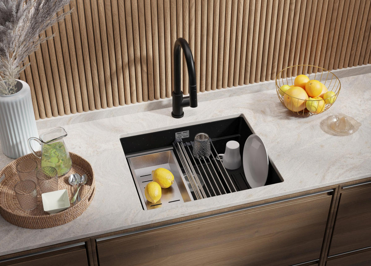 UNTERBAUSPÜLE GRANIT Praga, 2-er set Schwarz Metallic 56/47 cm 1 Becken + Ablauf-Set + Aufrollbare Abtropffläche ab 60er Unterschrank - Chromfarben/Schwarz Hochglanz, Kunststoff (56/20/47cm) - Primagran