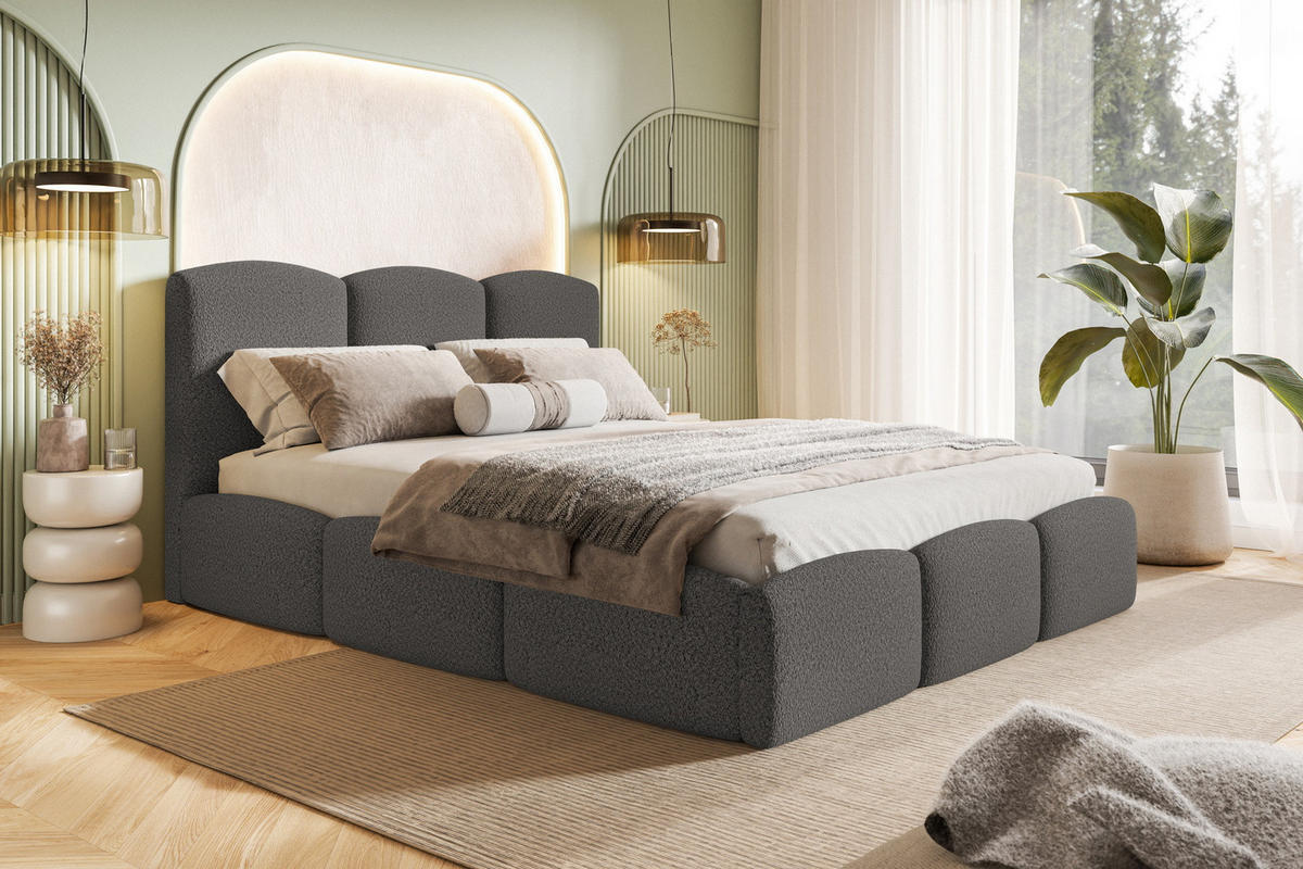 POLSTERBETT 140x200 Roma Slim mit Bettkasten, Lattenrost, Boucle Dunkelgrau - Dunkelgrau, Holz/Textil (140/200cm) - Emporius