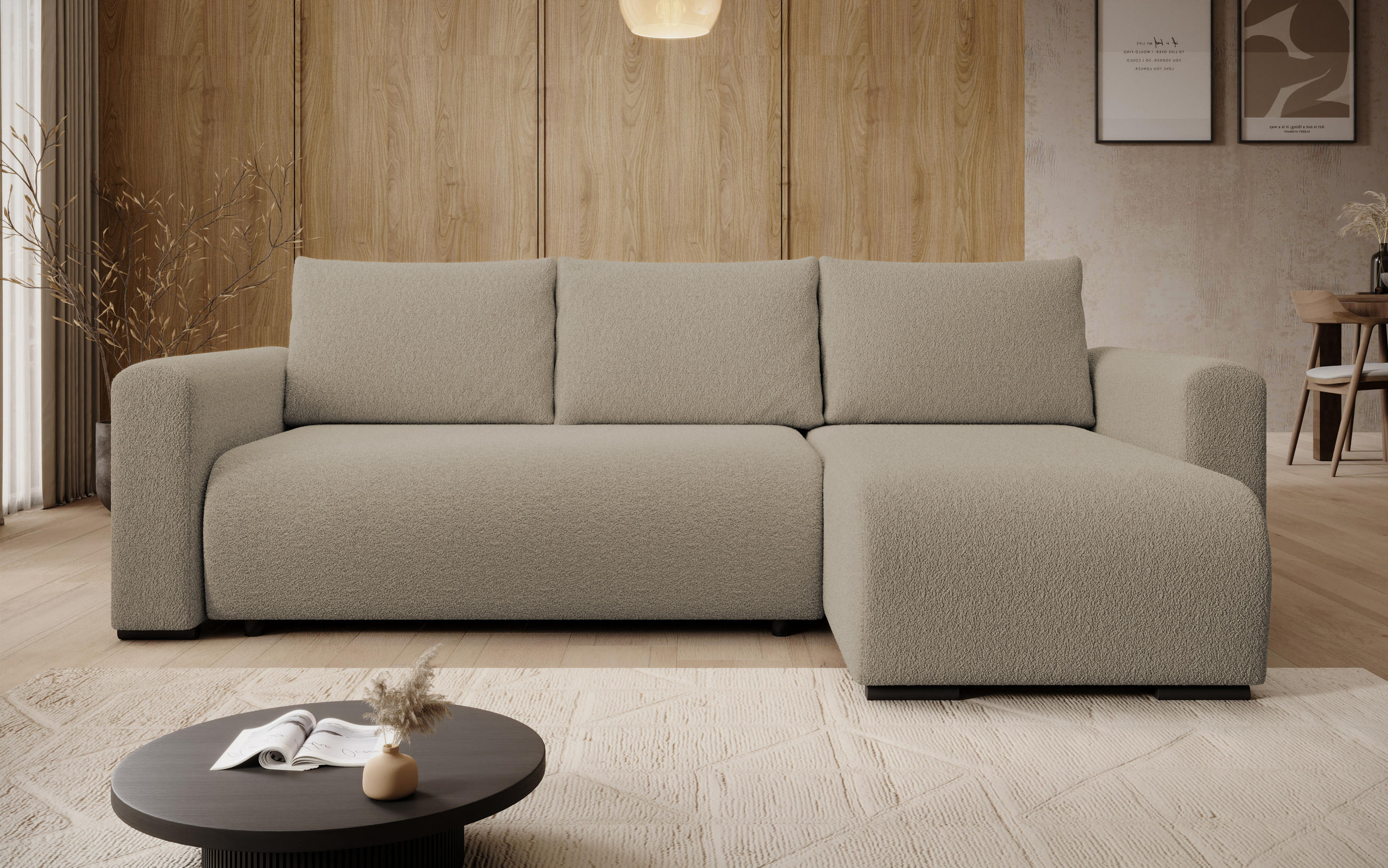 ECKSOFA DORA L, Eckcouch in L-Form mit Schlaffunktion und Bettkasten, Farbe: Hellbraun, Bouclé-Stoff, Ottomane Rechts - Hellbraun, Textil (240/143cm) - Storez24