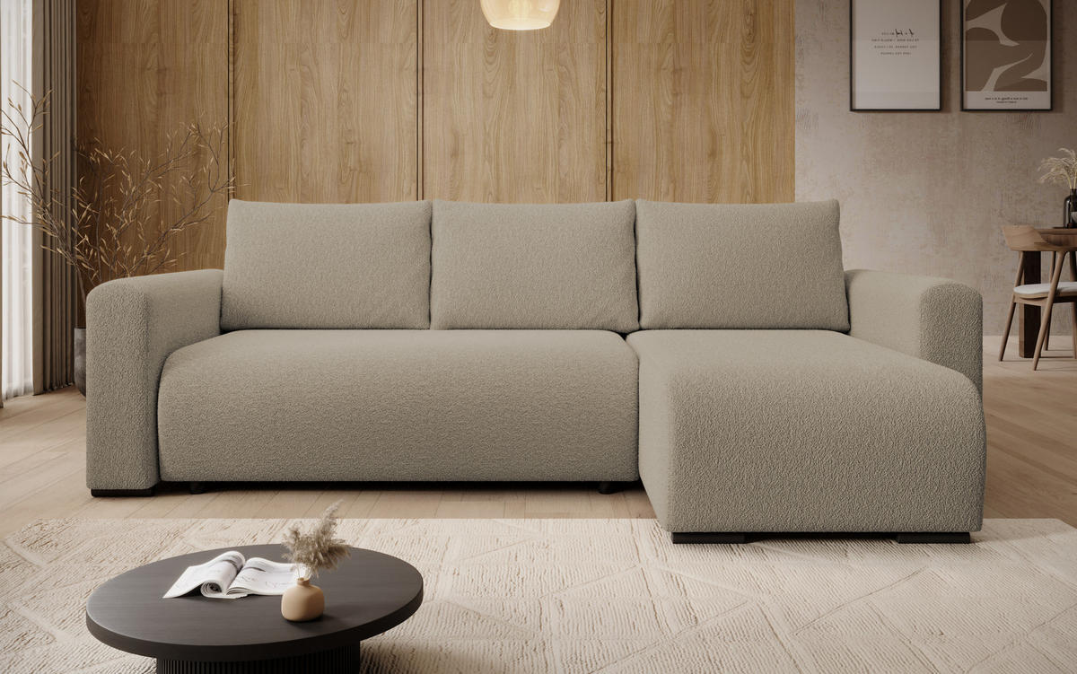 ECKSOFA DORA L, Eckcouch in L-Form mit Schlaffunktion und Bettkasten, Farbe: Hellbraun, Bouclé-Stoff, Ottomane Rechts - Hellbraun, Textil (240/143cm) - Storez24