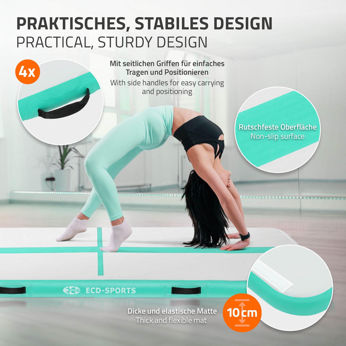 NAFUKOVACÍ gymnastická podložka Airtrack 300x100x10 cm mintově zelená - zelená barva, plast (100/300cm) - ECD-Germany