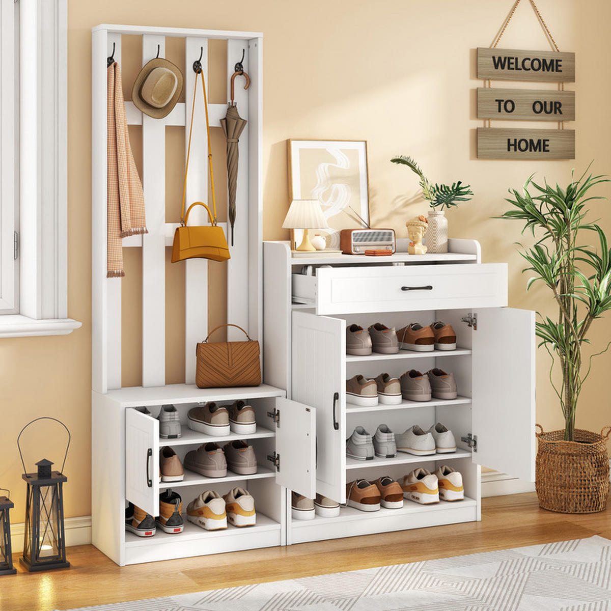 GARDEROBEN-SET WEISS mit Schuhschrank 140.6x32x180 cm - Weiß, Holzwerkstoff (30.5/180/140.6cm) - Fuleadture