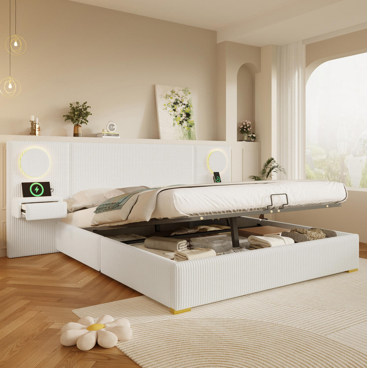 POLSTERBETT 180/200 cm in Beige aus Samt mit LED-Beleuchtung und Stauraum - Beige, Textil (180/200cm) - Flora Grace