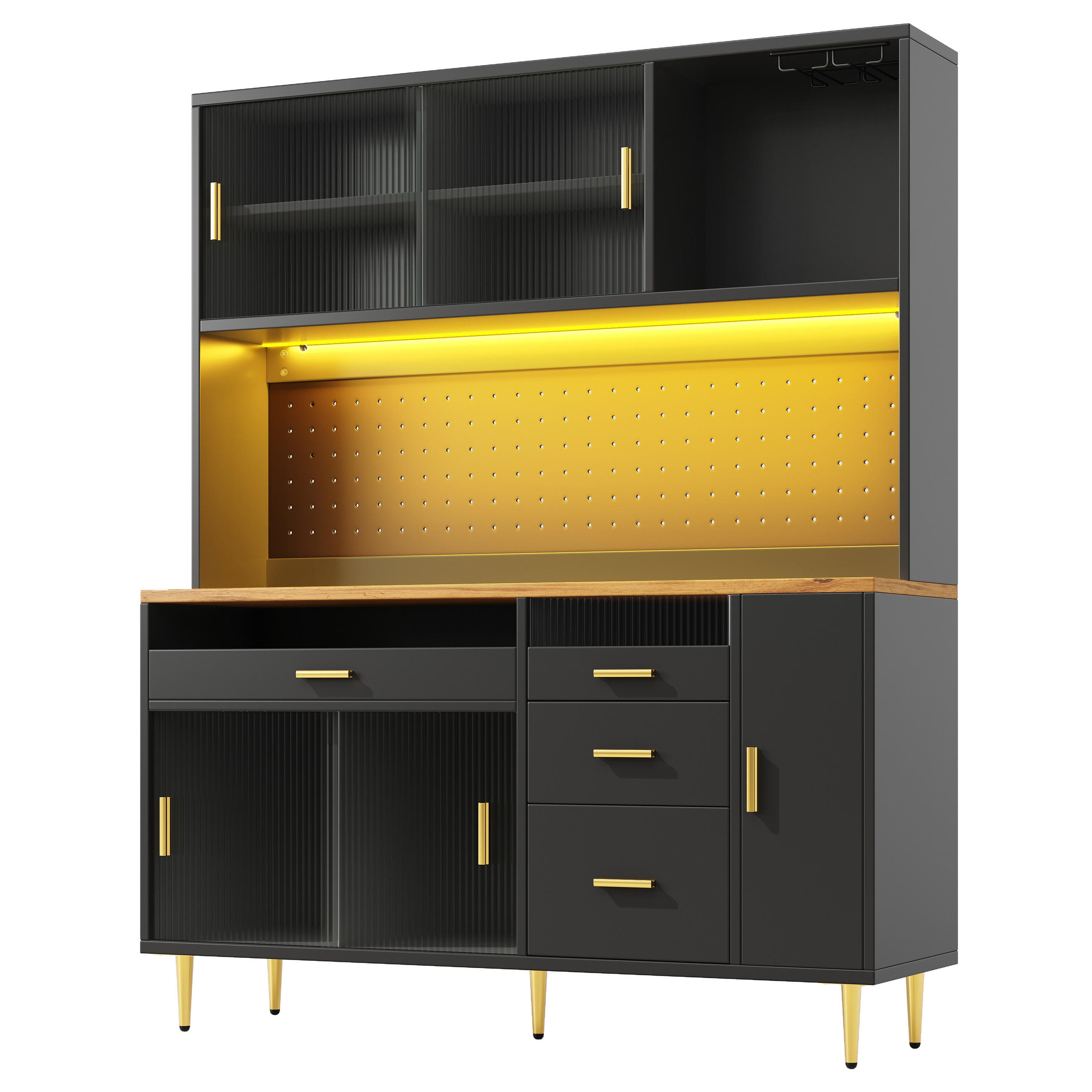 GESCHIRRSCHRANK aus MDF & Glas 145x39x171cm in Schwarz mit APP-LED - Schwarz, Holzwerkstoff (145/171/39cm) - Modfu
