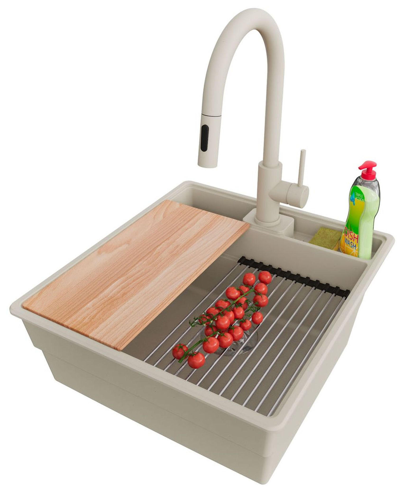 GRANITSPÜLE New York, 2-er set Beige 48/53 cm 1 Becken + Küchenarmatur 40/20 cm + Ablauf-Set + Küchenzubehörset ab 50er Unterschrank - Chromfarben/Beige, Kunststoff (48/20/53cm) - Primagran