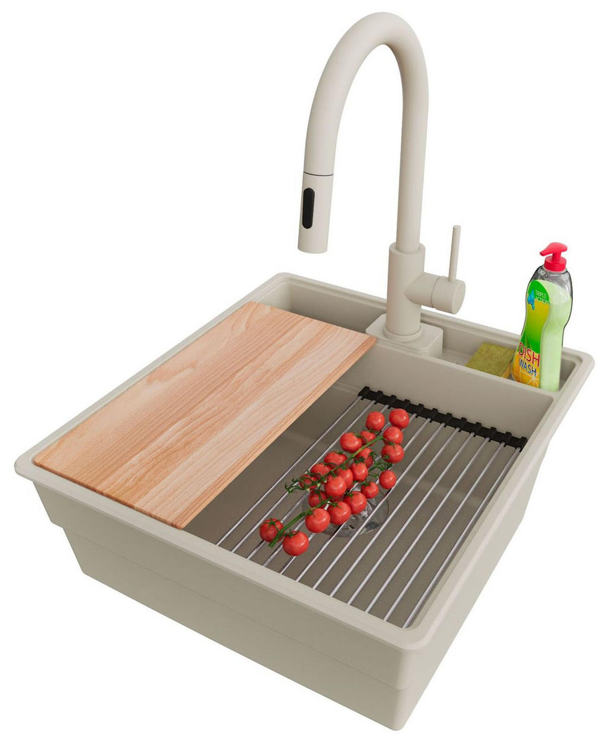 GRANITSPÜLE New York, 2-er set Beige 48/53 cm 1 Becken + Küchenarmatur 40/20 cm + Ablauf-Set + Küchenzubehörset ab 50er Unterschrank - Chromfarben/Beige, Kunststoff (48/20/53cm) - Primagran