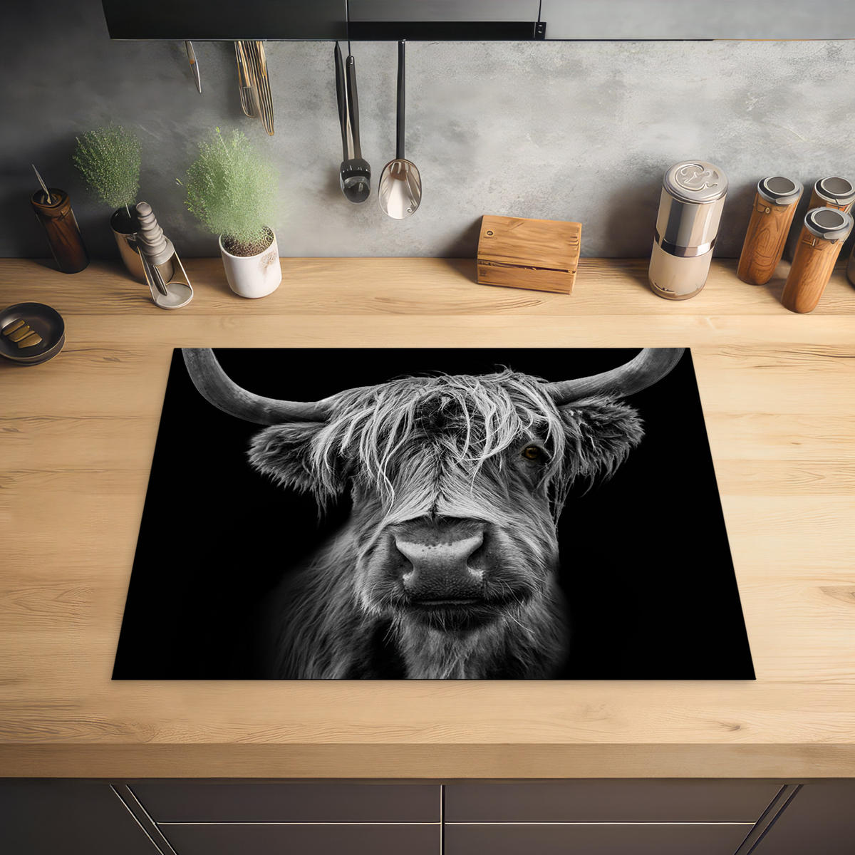 HERDABDECKPLATTE Schottischer Highlander - Hörner - Schwarz - Weiß - Kuh - Wild - Tiere Induktionsmatte 71x52 cm - Schwarz, Kunststoff (71/52/0.2cm) - MuchoWow