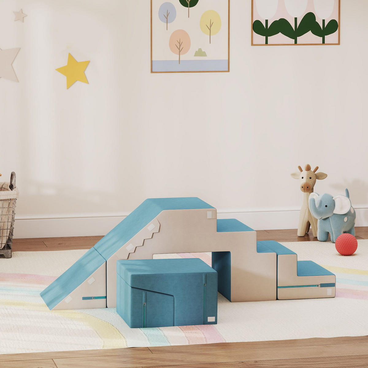 KINDER Schaumstoff Bausteine 2er Set Bausteinset mit Samtoptik Beige+Blau - Beige, Textil (39/131cm) - AIYAPLAY