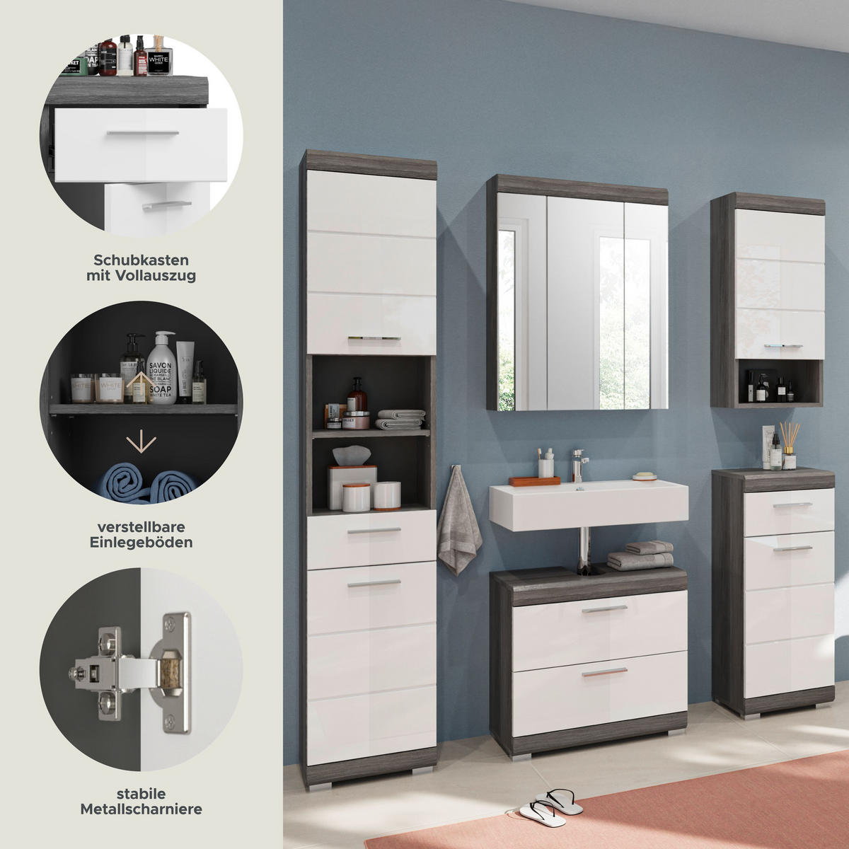 BADKOMBINATION 5tlg. Scout Bad in Rauchsilber Nachbildung und weiß hochglanz B/H/T: 164x191x34 cm - Anthrazit, Holz (164/191/37cm)