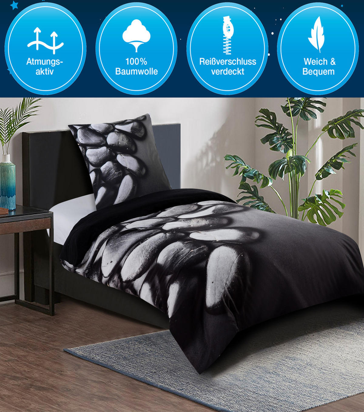 BETTWÄSCHE 2-teilig Hot Stones - Schwarz, Naturmaterialien (135/200cm) - Sanilo