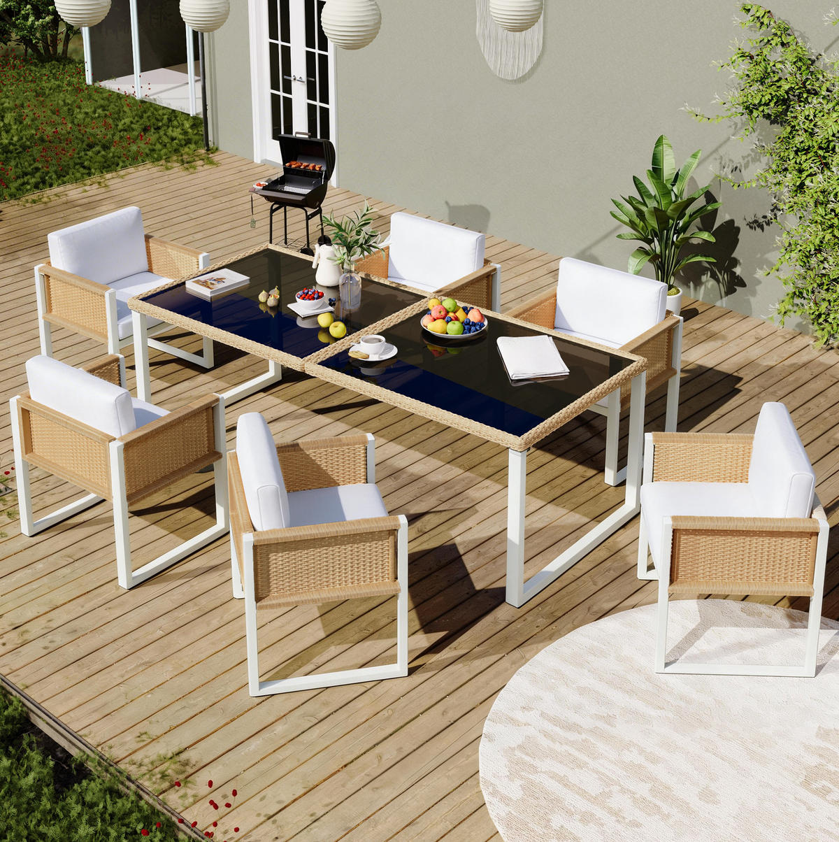 GARTENMÖBEL-SET 7-tlg. mit Glastisch und 6 Stühlen Braun Weiß - Braun, Holz - Beauniv