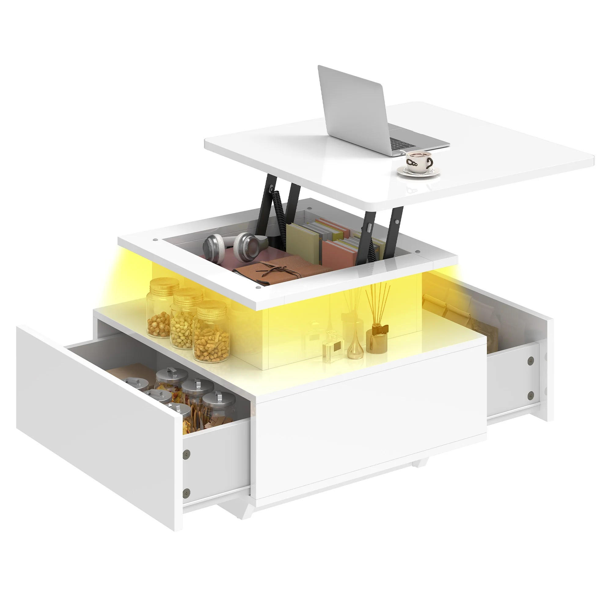 COUCHTISCH, 16 Farb-LEDs, erhöhte Oberfläche, mit 2 Schubladen - Weiß, Holzwerkstoff (55/85/56cm) - Kaket