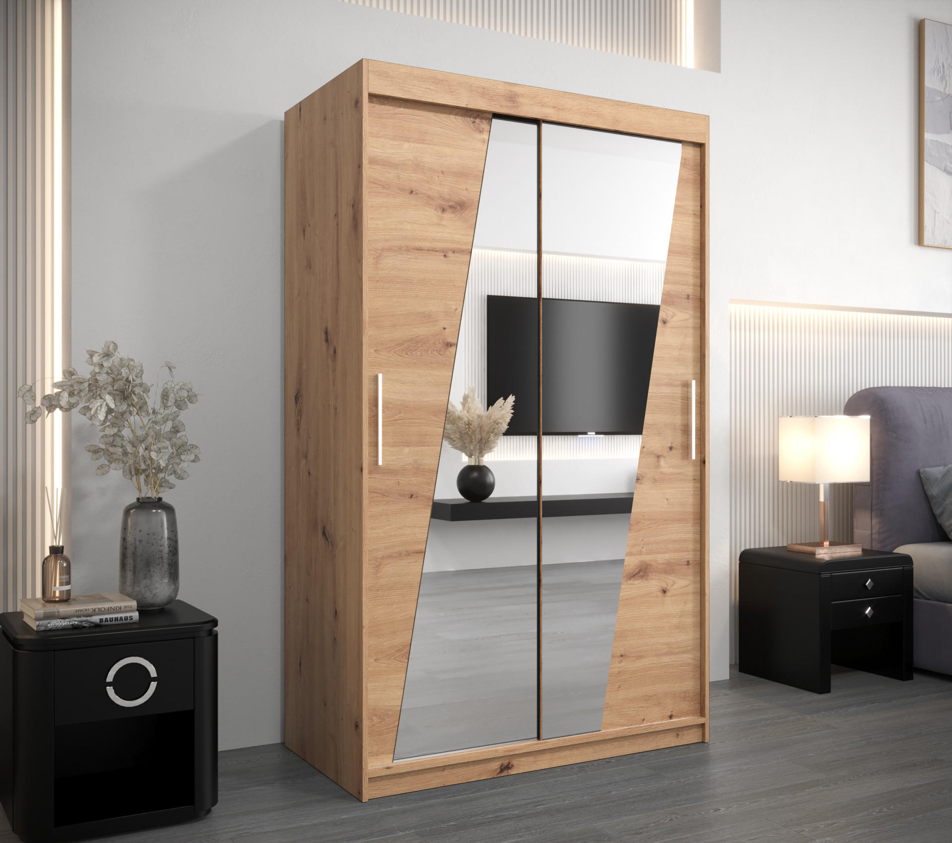 SCHWEBETÜRENSCHRANK 200/120/62 2-türig - Silberfarben/Eiche Artisan, Holz/Kunststoff (120/200/62cm) - MÖBEL KRYSPOL