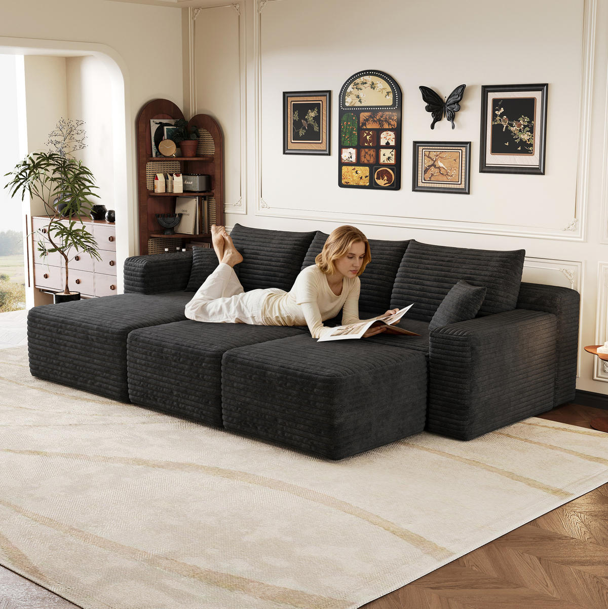 ECKSOFA 241/151/58 cm schwarz aus Stoff mit Cordbezug und Chaiselongue - Schwarz, Textil (151/241cm) - OKWISH