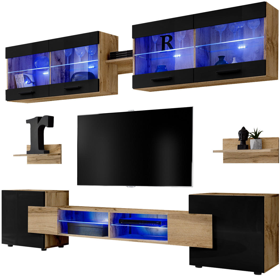 WOHNZIMMERSET Foggia, 6er-Set, Eiche Wotan, Front Hochglanz Schwarz, LED Blau - Eiche Wotan/Schwarz, Glas/Holzwerkstoff (230/190/45cm) - Komodee