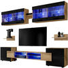 WOHNZIMMERSET Foggia, 6er-Set, Eiche Wotan, Front Hochglanz Schwarz, LED Blau - Eiche Wotan/Schwarz, Glas/Holzwerkstoff (230/190/45cm) - Komodee