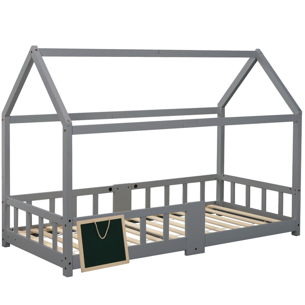 KINDEREINZELBETTEN aus Massivholz 90x200 cm in Grau mit Tafel - Grau, Holz (90/200cm) - Modfu