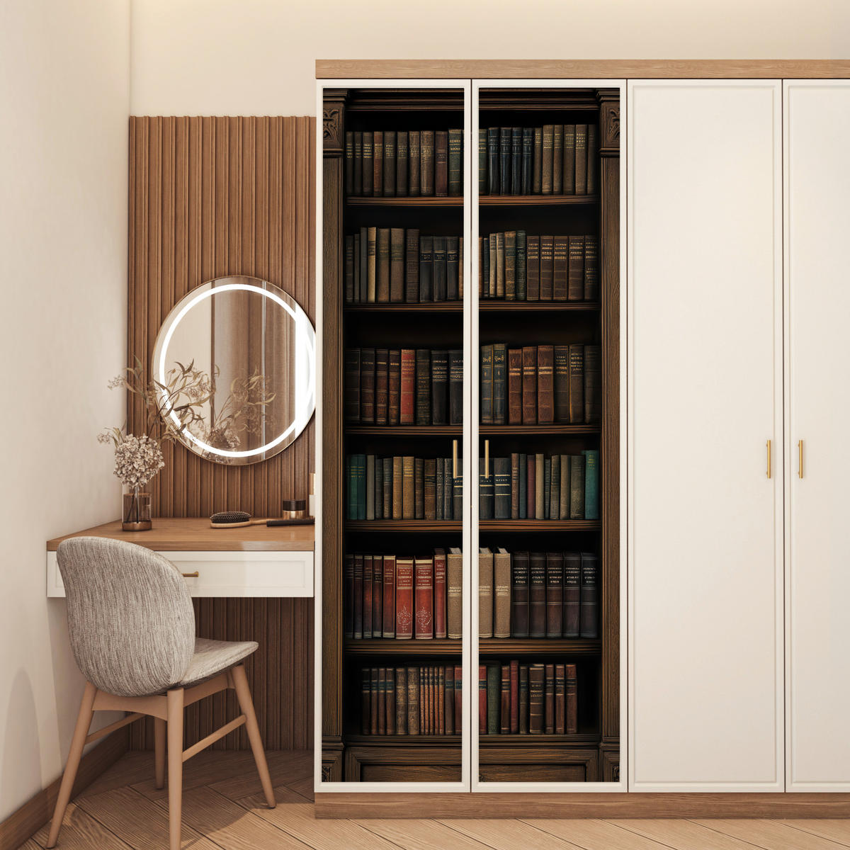 TÜRAUFKLEBER Bücherregal - Vintage - Braun 85x215 cm - Türtapete - Nussbaumfarben, Kunststoff (85/0.1cm) - MuchoWow