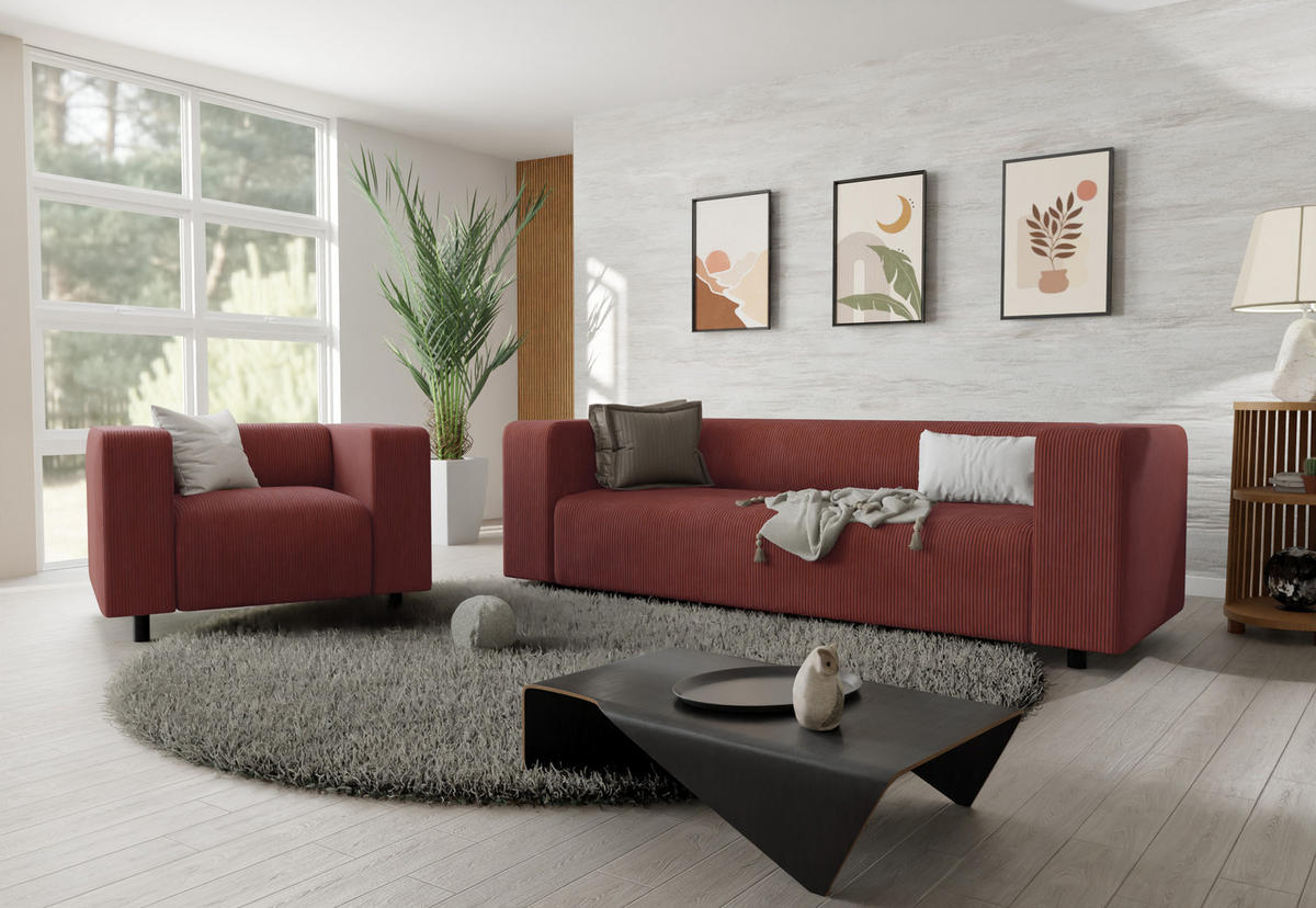 SITZGARNITUR 3+1 Tove Terrakotta Cord - Terra cotta/Schwarz, Holz/Kunststoff (175/65/80cm) - S-Style Möbel