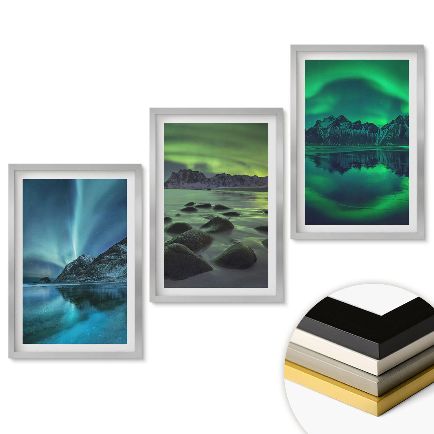WANDBILDER 3er Set - 40x60 cm Silberner Rahmen - Winterlandschaft der Aurora borealis - Silberfarben, Kunststoff (40/60cm) - ArtPrintCave
