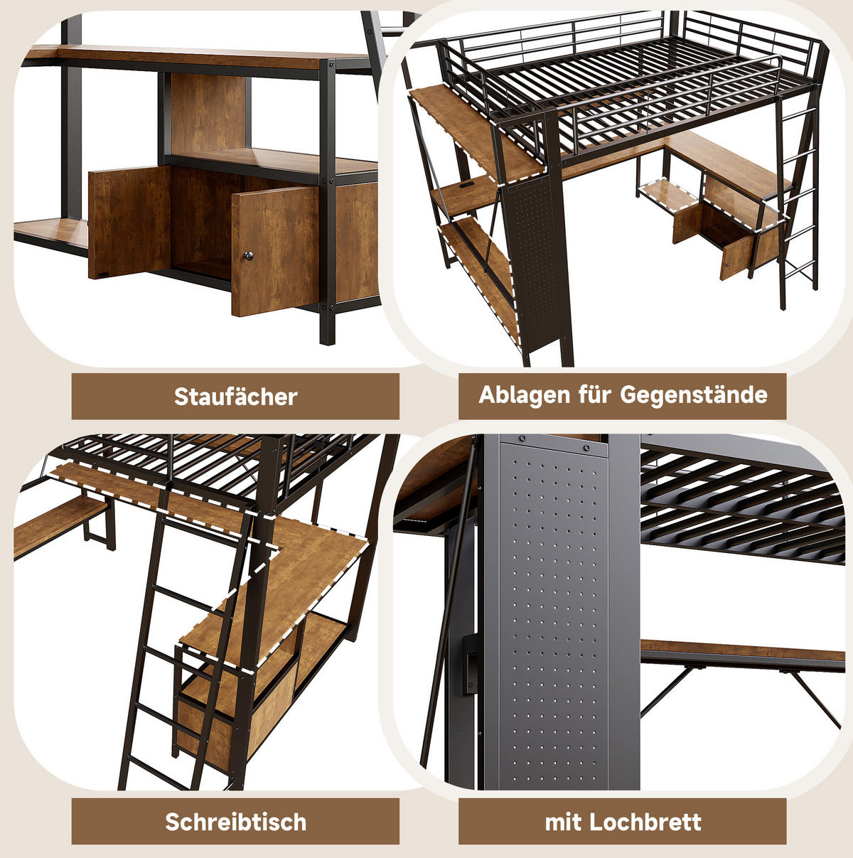 HOCHBETT 90/200 cm aus Metall und MDF mit Schreibtisch und LED-Lichtleiste Schwarz - Schwarz, Metall (90/200cm) - Modenvie