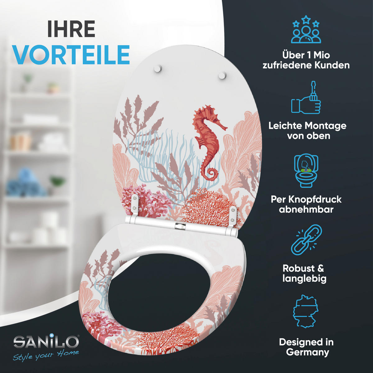 WC-SITZ mit Absenkautomatik & Top Fix Sea Horse - Weiß, Holzwerkstoff (37.7/5.5/48cm) - Sanilo