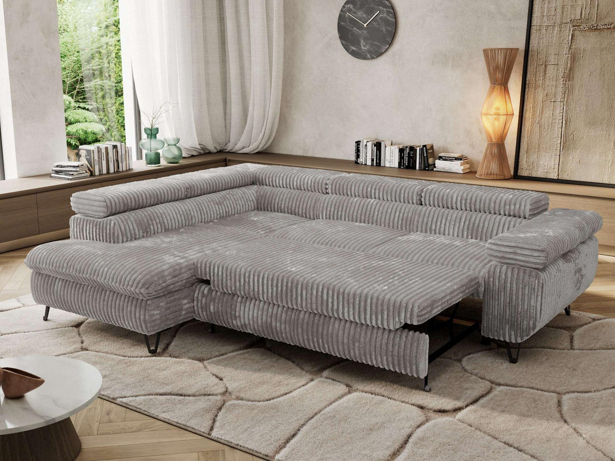 ECKSOFA PABLO L Hellgrau Cord - Links Seite - Hellgrau/Schwarz, Textil/Metall (208/273cm) - MKS