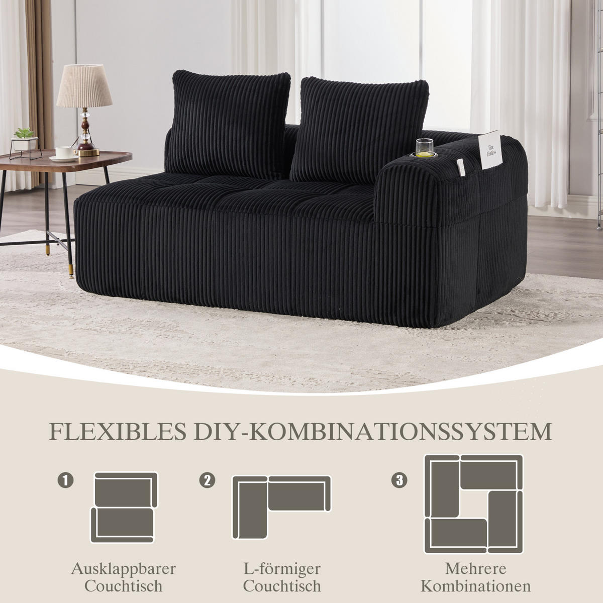 2-SITZER Sofa Schwarz, Relaxsessel Cordbezug mit Getränkehalter und Stauraum - Schwarz, Textil (158/61/93cm) - PARAFTA HOME