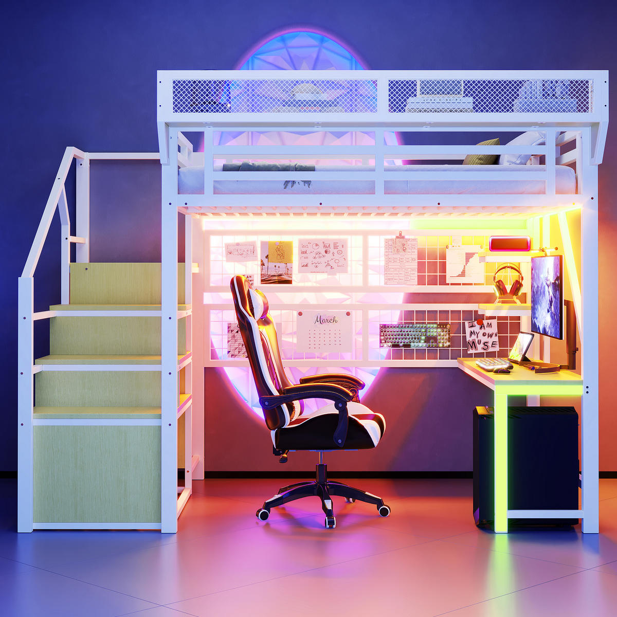 HOCHBETT 140/200 cm DE-01535, in Weiß, mit Schreibtisch, LED-Beleuchtung und Steckdose - Weiß, Metall (140/200cm) - ComfortXL