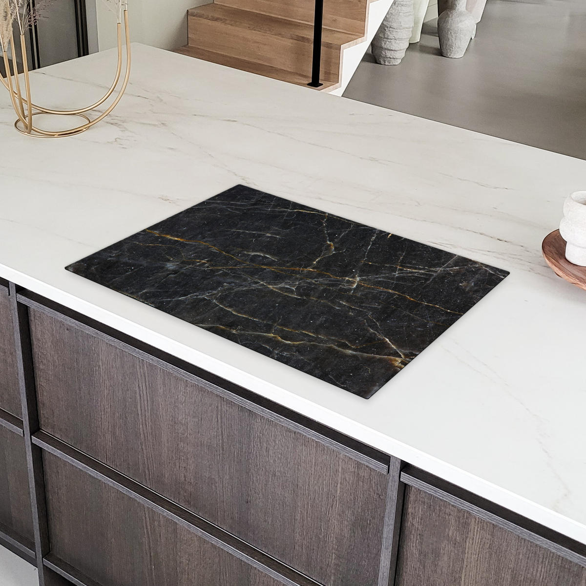 HERDABDECKPLATTE Marmor - Schwarz - Gold - Grau - Marmorstruktur 77x51 cm - Goldfarben, Kunststoff (77/51/0.2cm) - MuchoWow