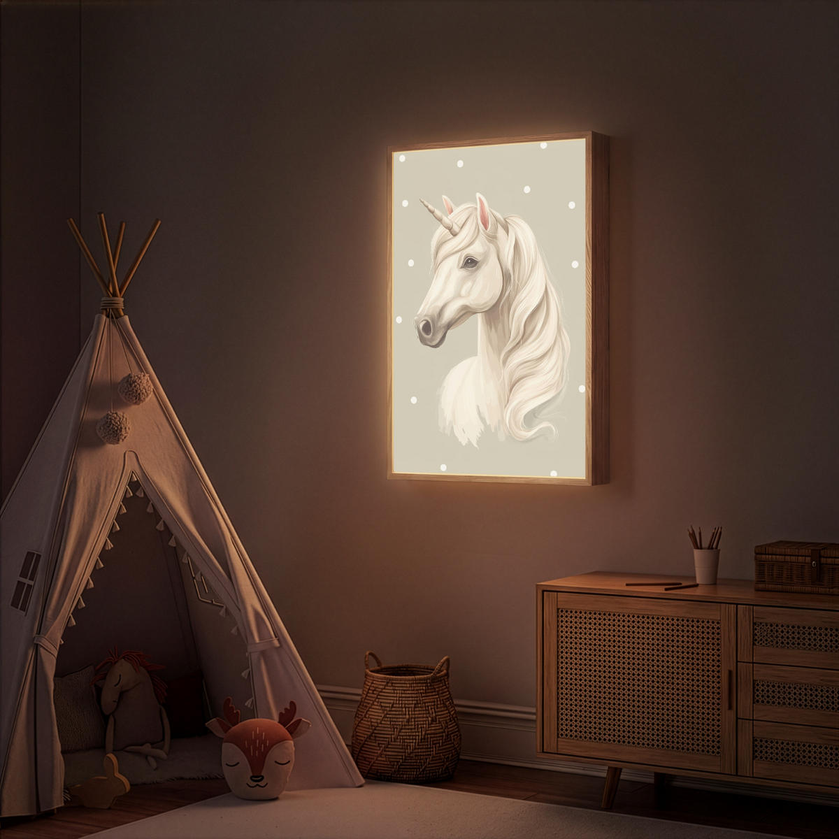 NÁSTĚNNÁ LAMPA S AKUMULÁTOREM Jednorožec - bílý - tečky 60x90 cm - šedohnědá, kompozitní dřevo (60/90/8cm) - OnlyWow