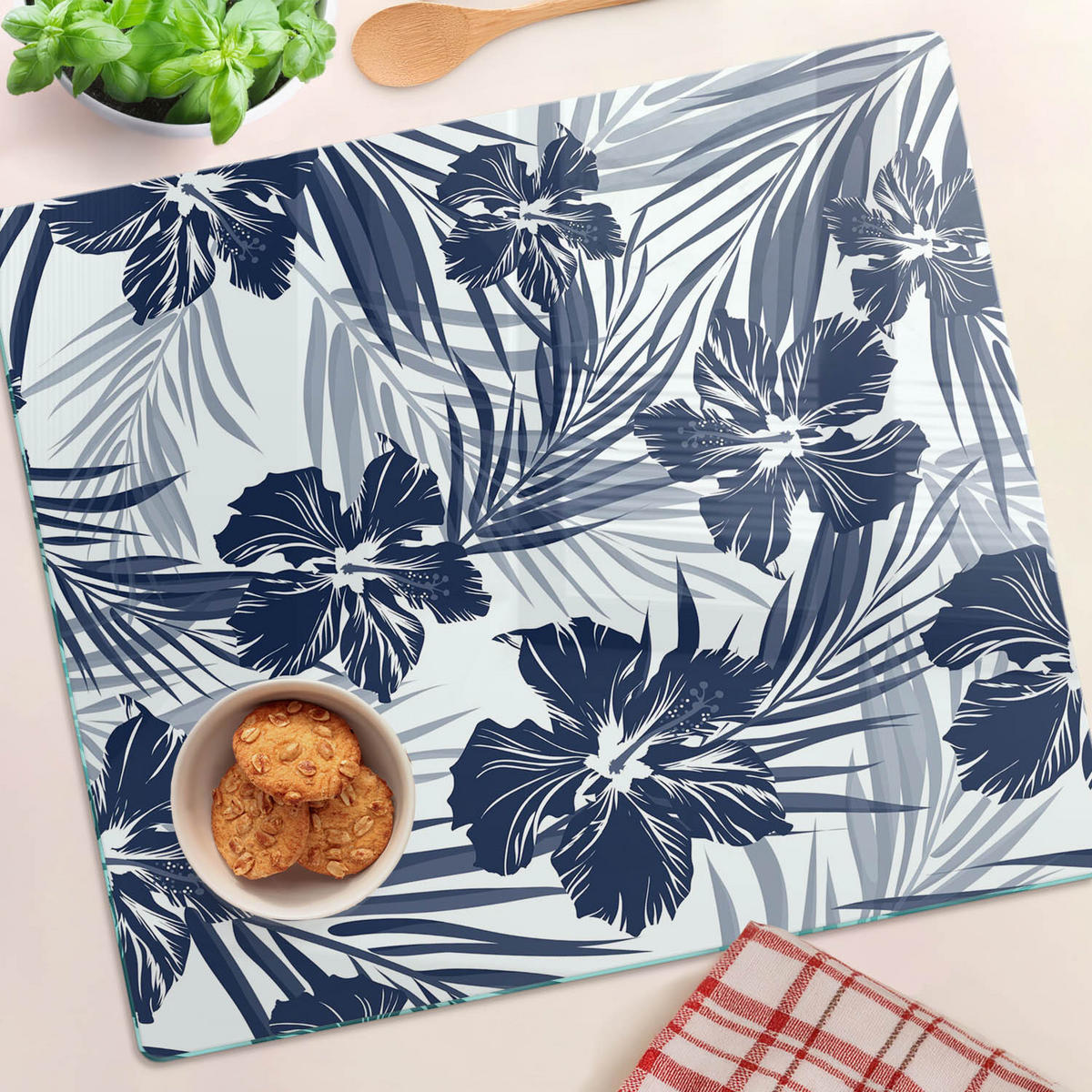 GLASPLATTE 60x52 cm Tropische Blumen - Blau, Glas (60/0.4/52cm) - TULUP