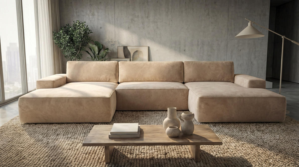 ECKSOFA EINAR 362 cm x 170 cm – Stoff: VELUTTO Beige 2 Farbe: Beige - Beige, Textil (362/170cm) - A&J MöbelLand
